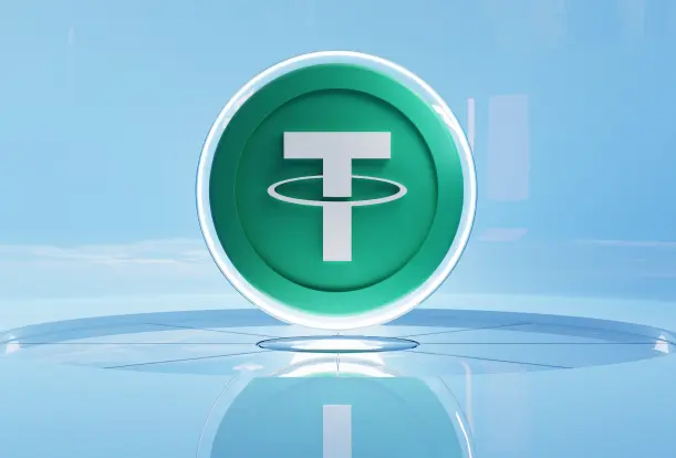 Tether logo on a circle standing with blue background