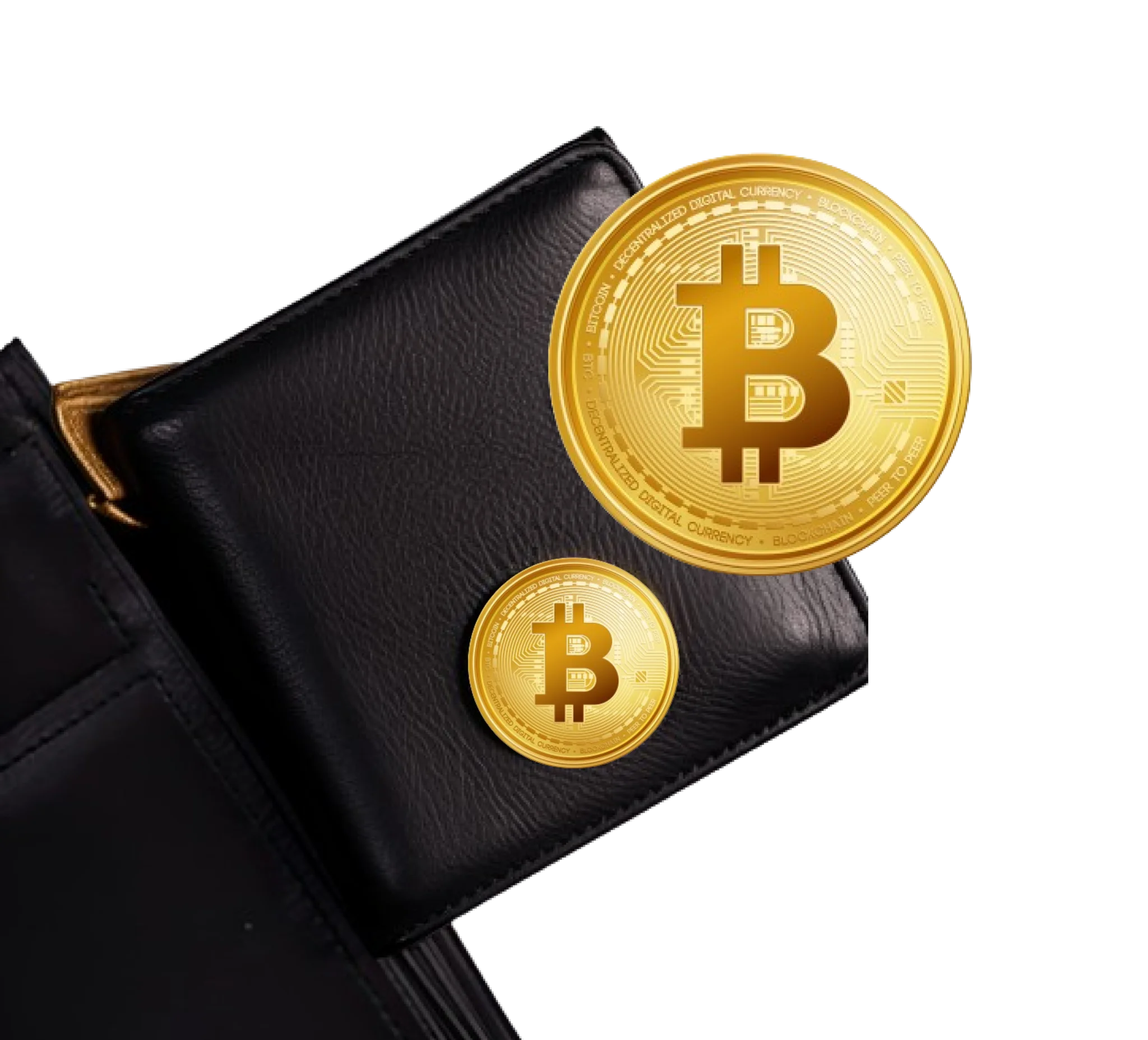 Sell Bitcoin in Dubai, Bitcoin and a black leather wallet